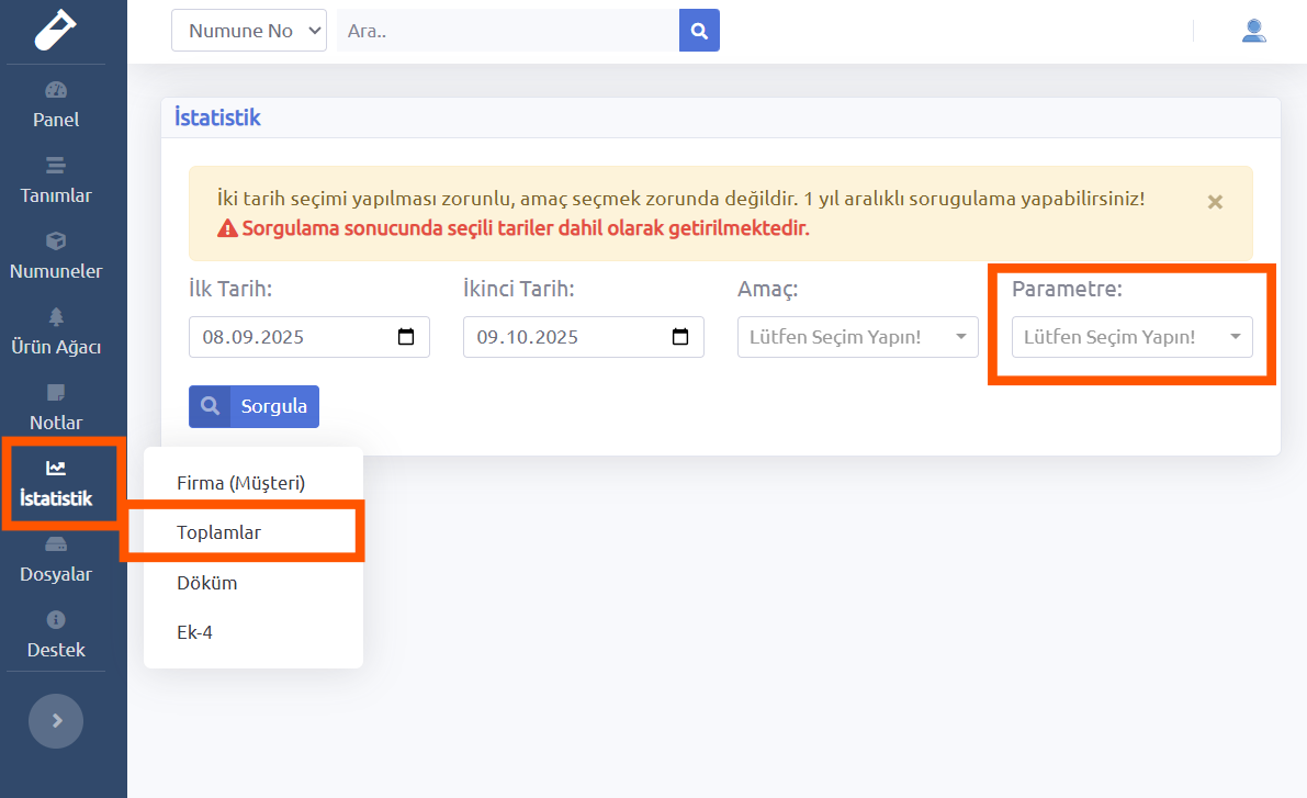 PagosLab İstatistik Toplamlar Raporu Sorgulama Ekranı
